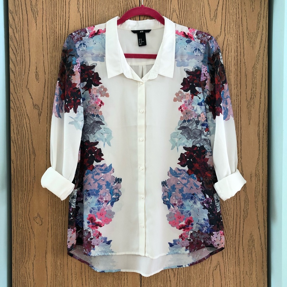 🌸 H&M Floral Print Blouse Sz 10 Large Mirrored Image Top Buttoned Shirt Office